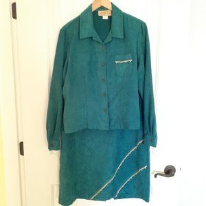 Vintage New Frontier Faux Suede Jacket and Midi Skirt Set Teal Size XL